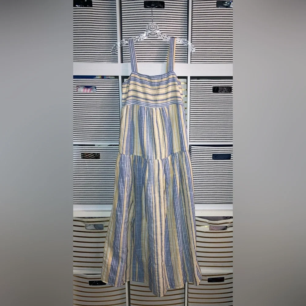 SHEIN Women’s Blue and Yellow Vertical Striped Tiered
Boho Maxi Sundress Small - Picture 9 of 9